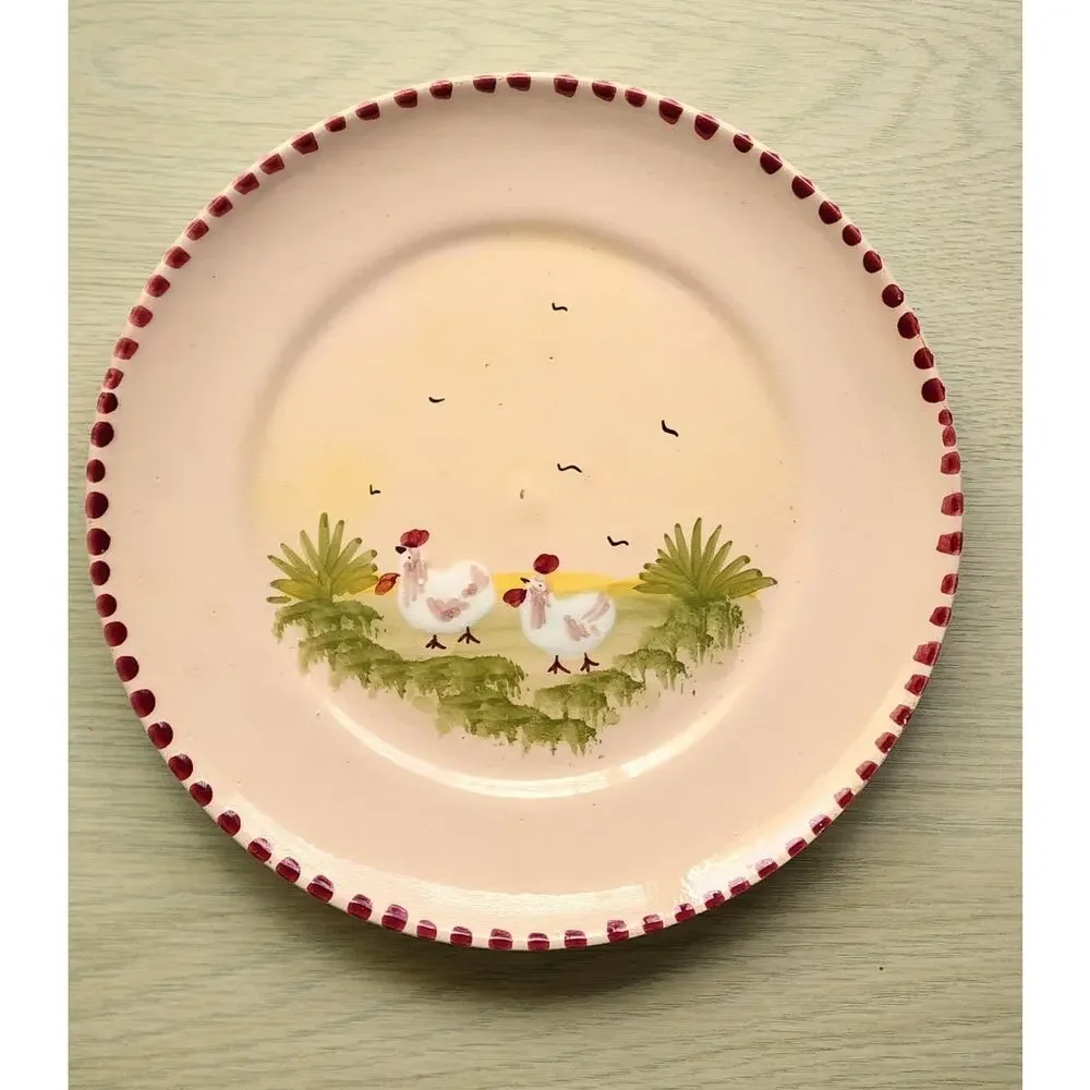 Vintage Handmade Hand Painted Art Pottery Plates Set 2 Raised Sheep Chicken Farm